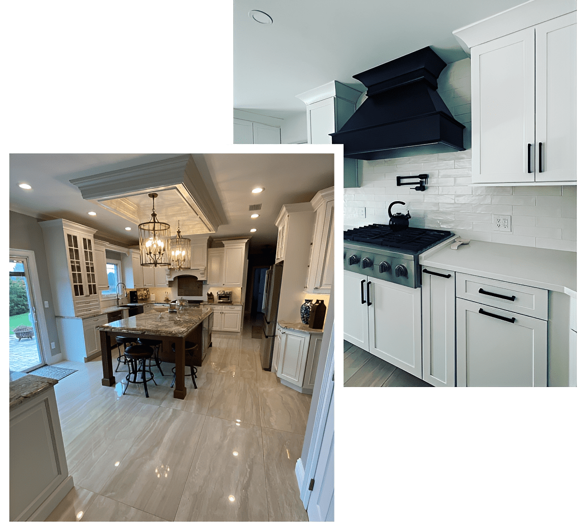 Modern kitchen with white cabinets and a black stove hood.
