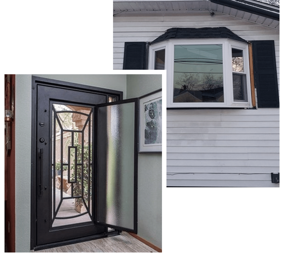 A black-framed window with a security screen.