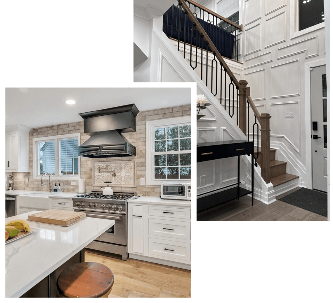 Modern kitchen and elegant staircase in a stylish home.