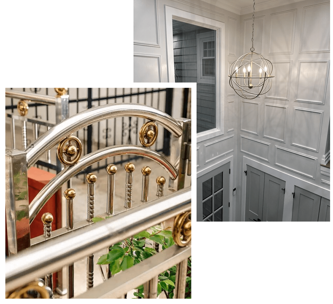 Elegant staircase with gold-accented railing and a chandelier-lit hallway.