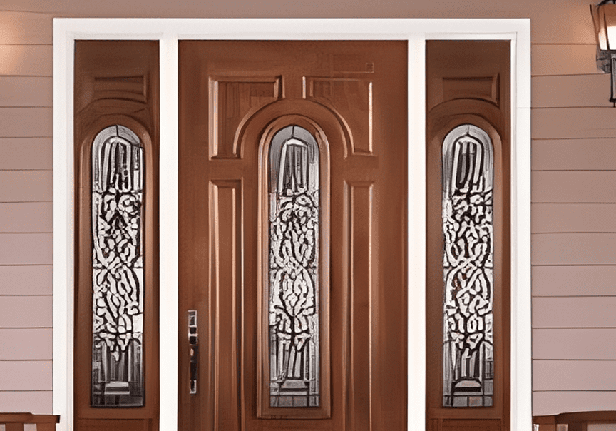 Elegant wooden front door with decorative glass panels.